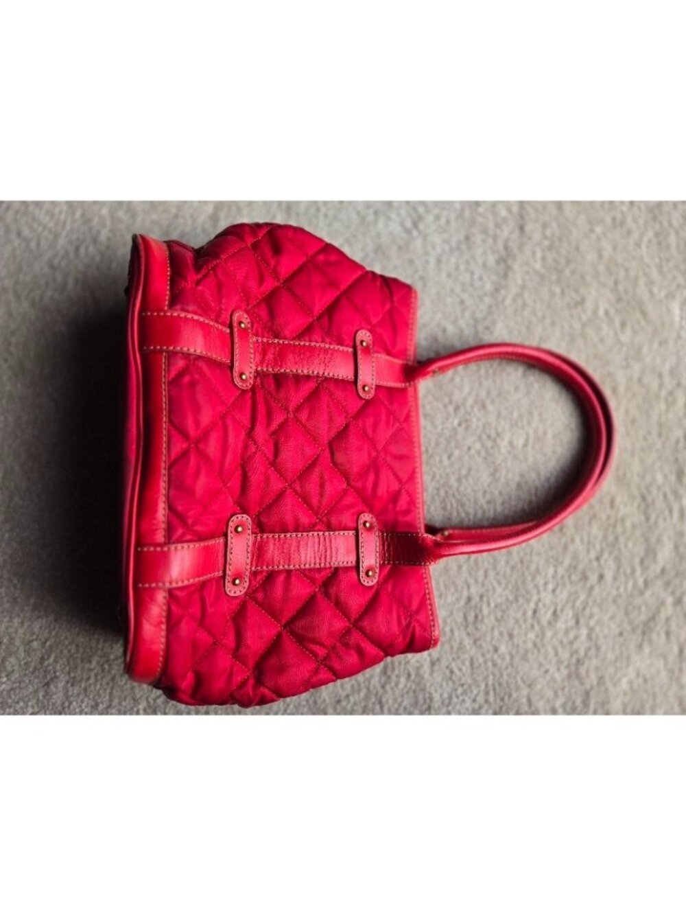 J Crew Red Quilting & Leather Carry All Bucket Purse Handbag Top Handle - Picture 2 of 12